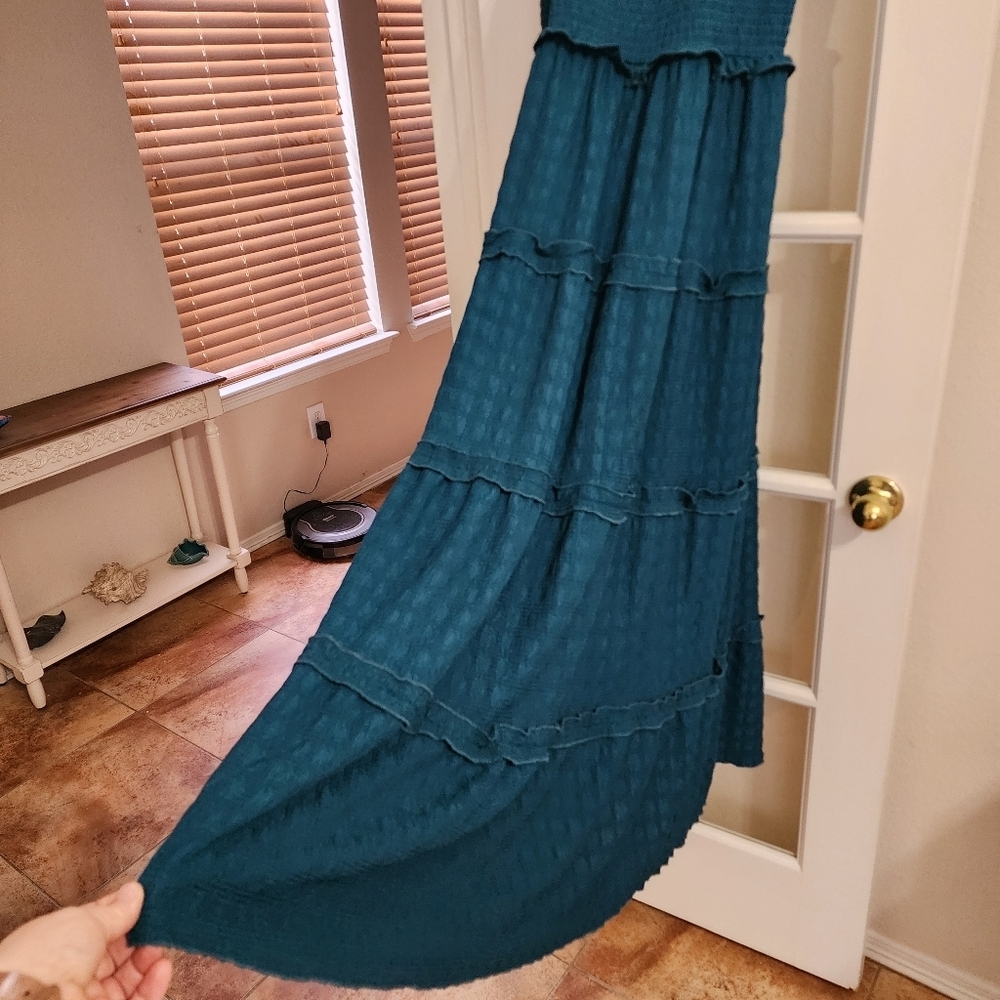 Rebellion Women’s Teal Tiered Maxi Dress Boho Cottagecore Western Ruffle Sleeves - Picture 6 of 12